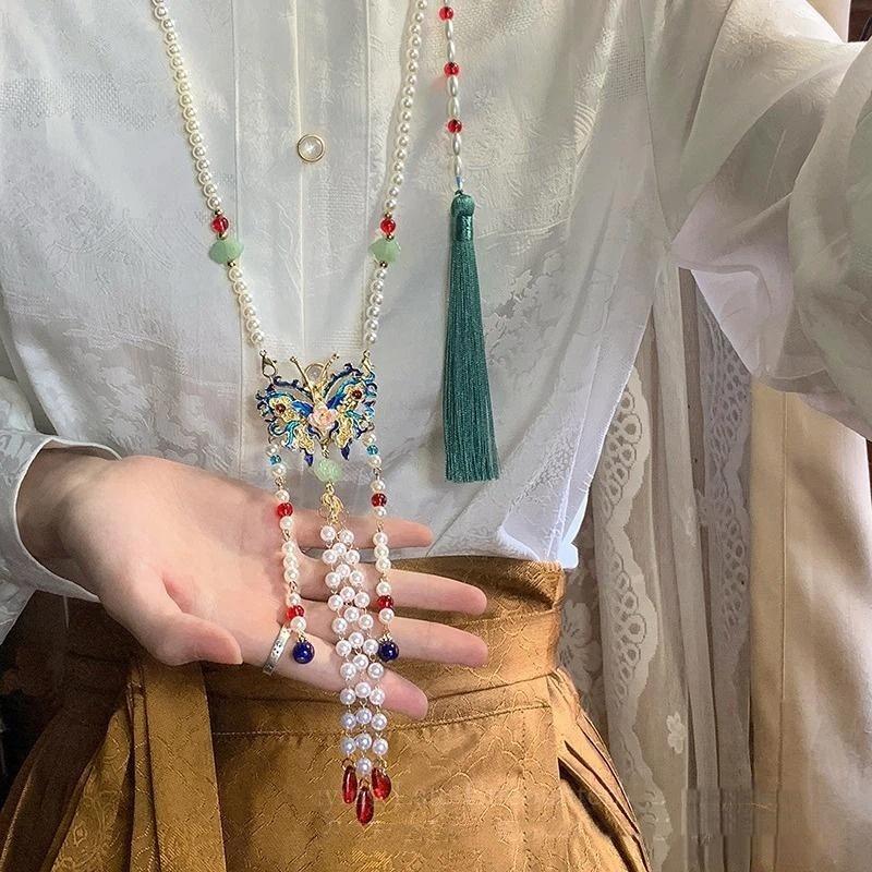 Hanfu Tassels Necklace Long Chain Vintage Chinese Necklace Tang Ming Dynasty Hanfu Pendant Necklace For Women Girl
