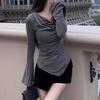 Elegant Slim-Fit Off-Shoulder Spicy T-Shirt for Women - Low-Cut, Long-Sleeved, Autumn/Winter Base Layer