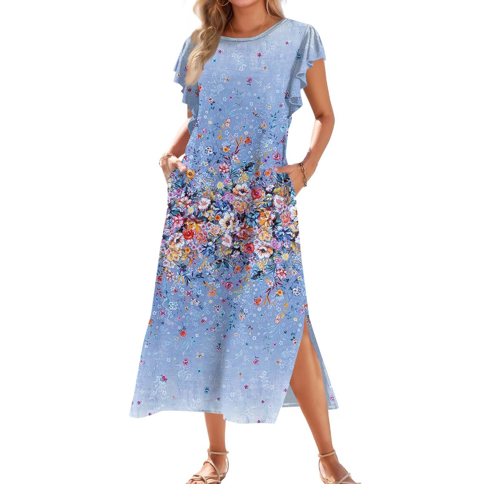 Ladies  Fashionable Summer Casual Pleated Sleeves, Loose Retro Floral Print, Short Sleeves, Round Tie, Pocket Beach Dress M