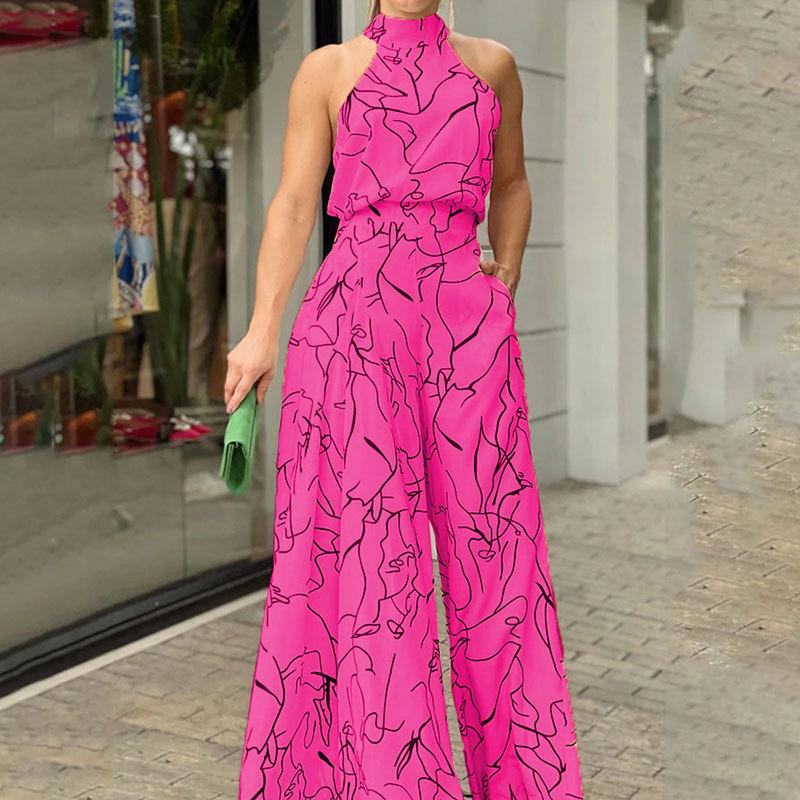 Women's Sleeveless Crew Neck Slimming Print Jumpsuit with Lace-up