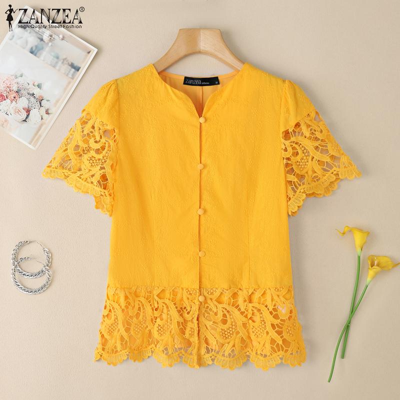ZANZEA Dame Sommer V-hals Hul Heklet Spleis Kort Ermet Casual Bluse