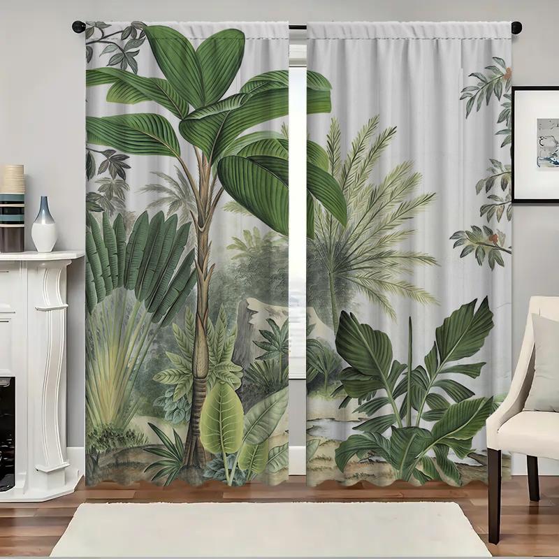 Home Tropical Leaves Curtains Landscape Background Kitchen Coffee Shop Living Room Bacony Curtain With Pole Pocket Polyester Perfect For