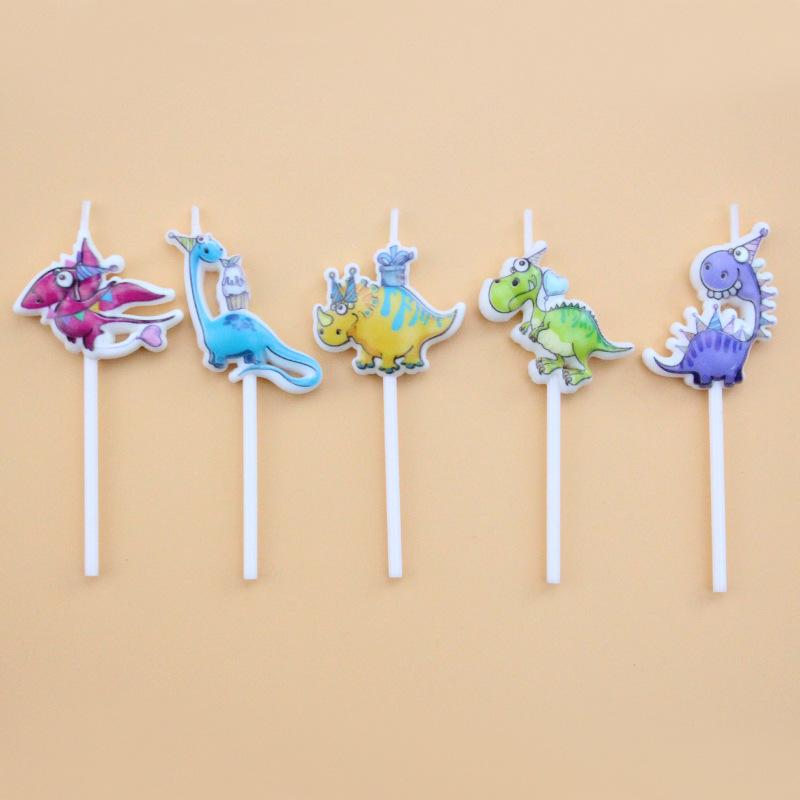 Cartoon Themed Birthday Cake Candles, Cute Sucking Cards, 5-piece Dinosaur-shaped Baking Decoration Candles