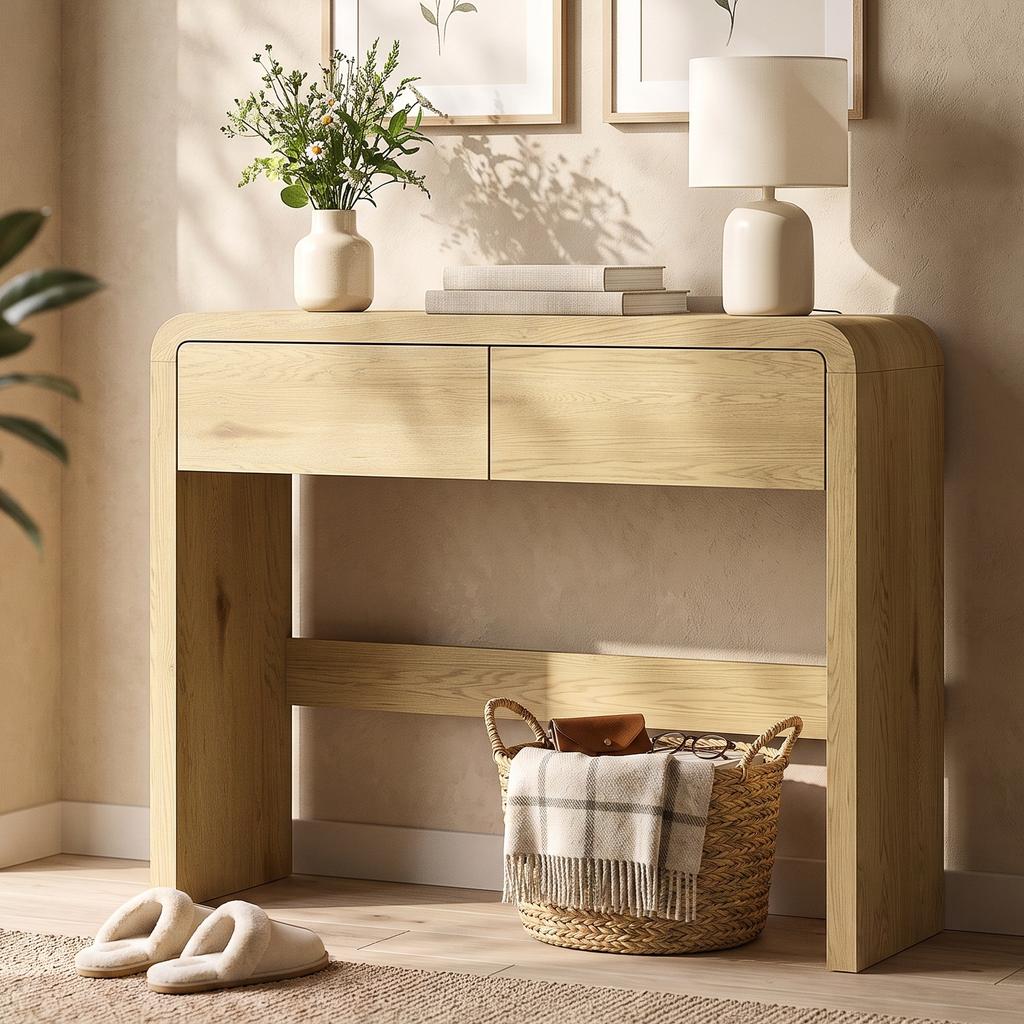 Console Table with 2 Drawers, Console Furniture, 100 X 30 X 85 Cm, Rounded Corners and Thick Top, Natural Wood