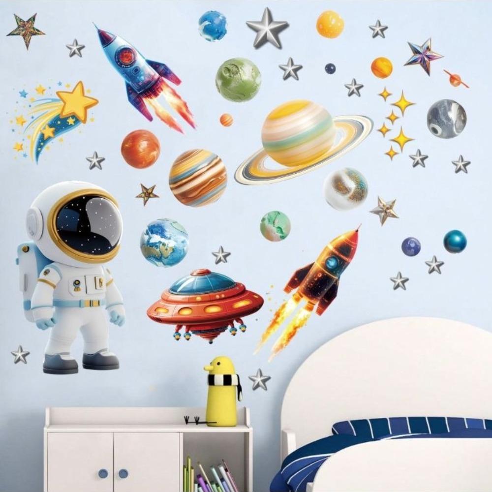 Solar System Kids Wall Stickers, Astronaut Stars Wall Decals, Decor for Baby Boy Girl Room Bedroom Living Room Classroom