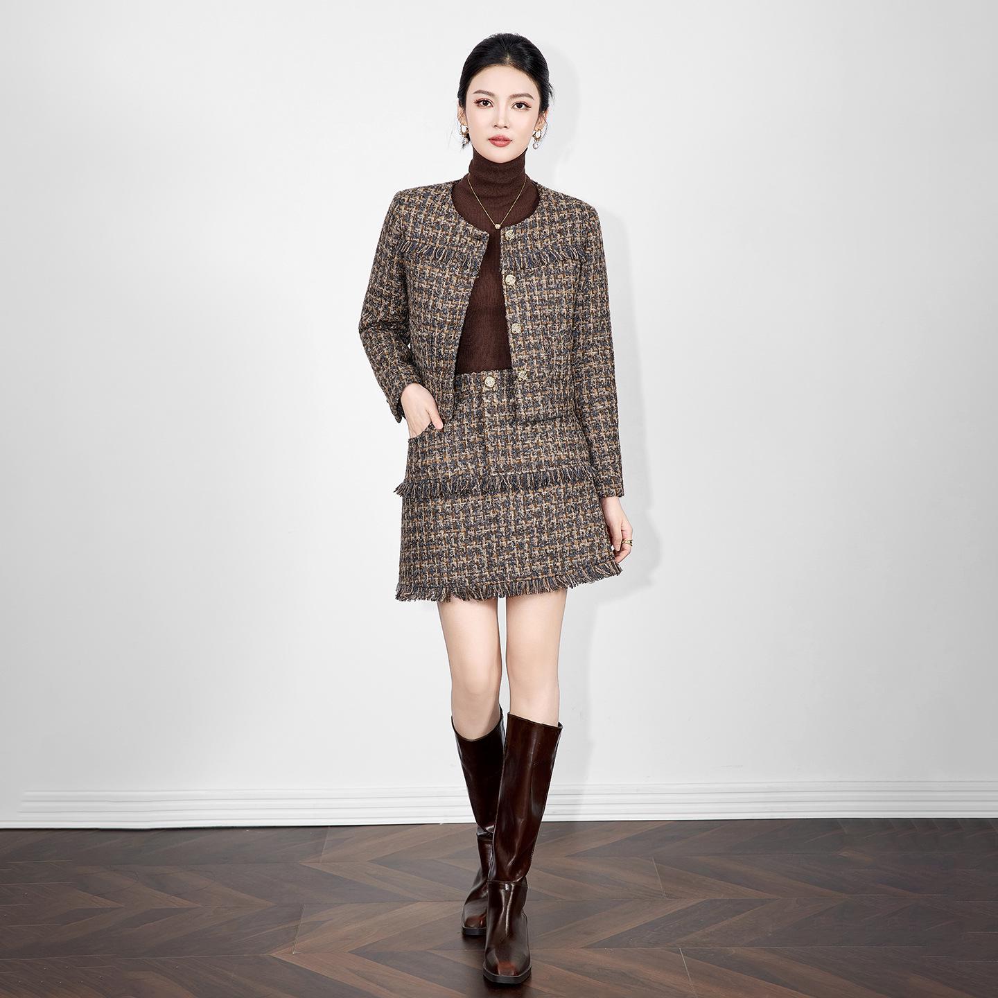 Элегантный твидовый шерстяной костюм-двойка (жакет и юбка) Nanyou XL кофейный