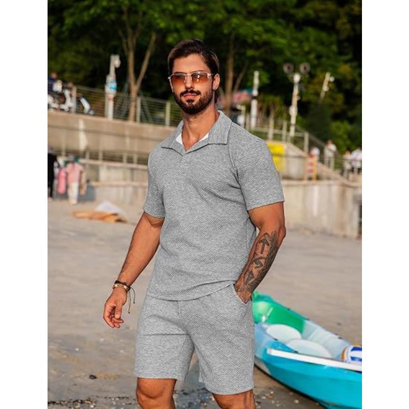 Men's Knitted Sweater Summer Casual Textured Beach Short Sleeve and Shorts Set