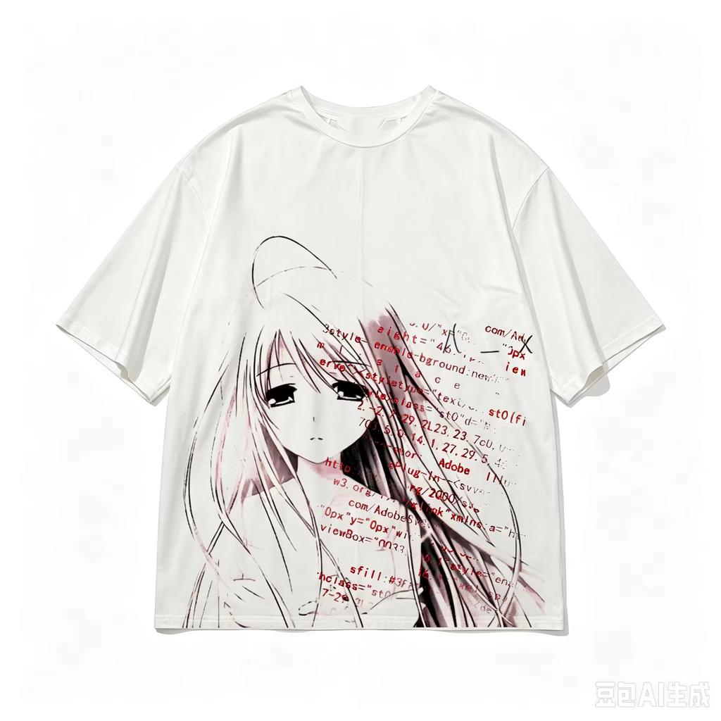 2026 New Oversized Sad Anime Girl Glitch Code Graphic‑Print Unisex Short‑Sleeve T‑Shirt, Grunge Harajuku Retro Casual Street‑Wear T-shirt