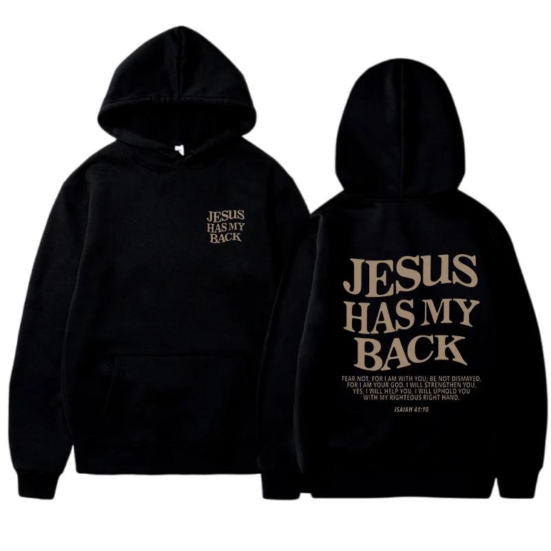 JESUS HAS MY BACK Velvet Hoodie Plain English Letter Slogan Print Kangaroo Pocket Drawstring Print Hoodie