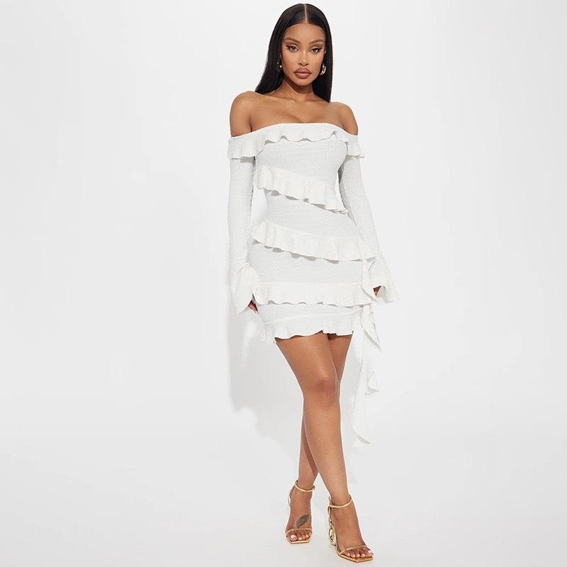 White Ruffle Bandage Mini Dress Women'S Off Shoulder Pleated Party Dress Strapless Long Sleeve Patchwork Mini Dress