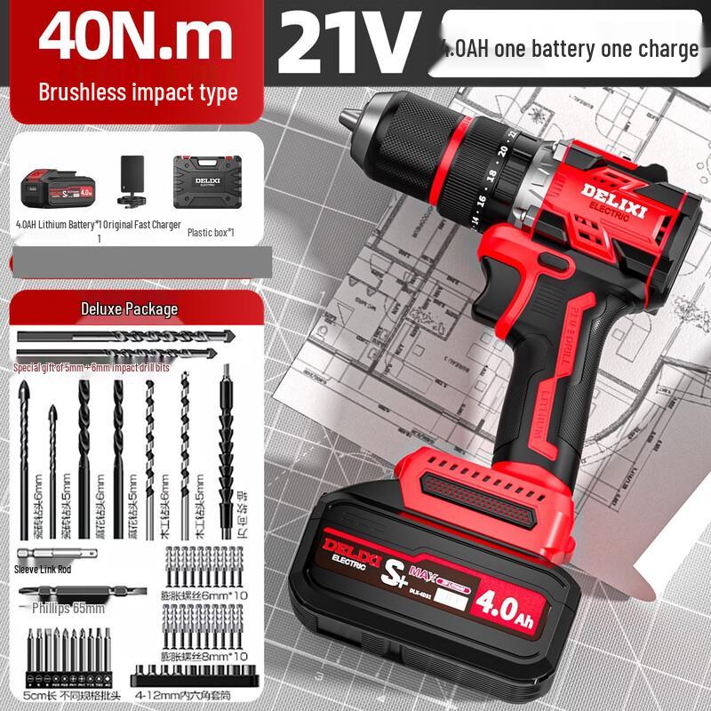 DELIXI Lithium-ion Brushless Cordless Drill/Driver CN Plug (adapter Included)