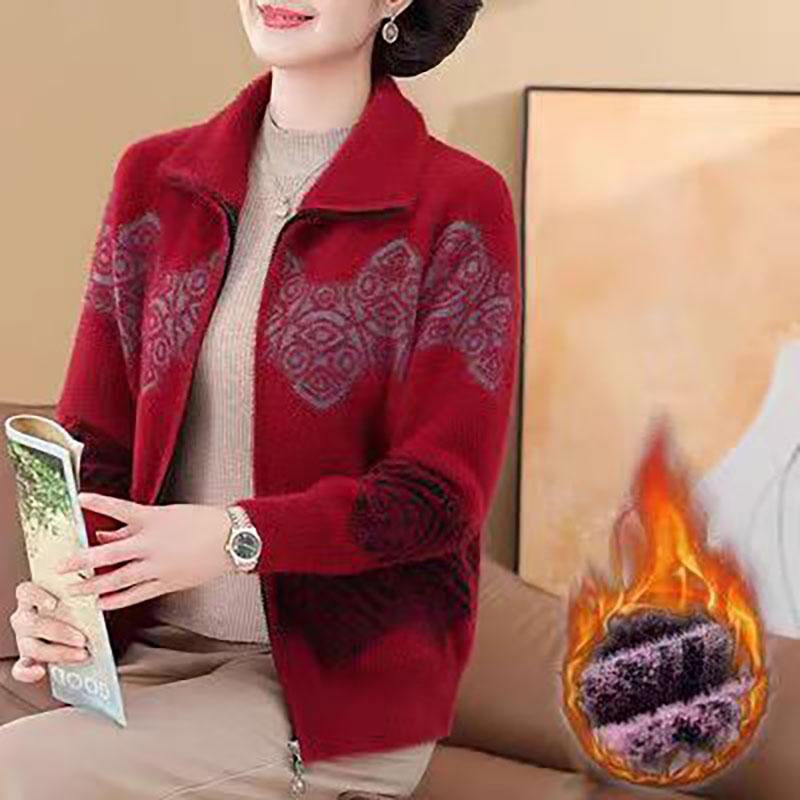 Женский кардиган свитер осень-зима утолщенный имитация норки бархатный вязаный свитер пальто теплая куртка для мам среднего возраста XL красный 3287₽