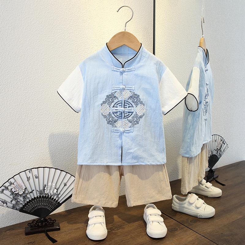 Completo Estivo da Ragazzo a Maniche Corte Stile Cinese per Bambini Hanbok Bello Completo Tang Cotone Lino Sezione Sottile di Abbigliamento Antico