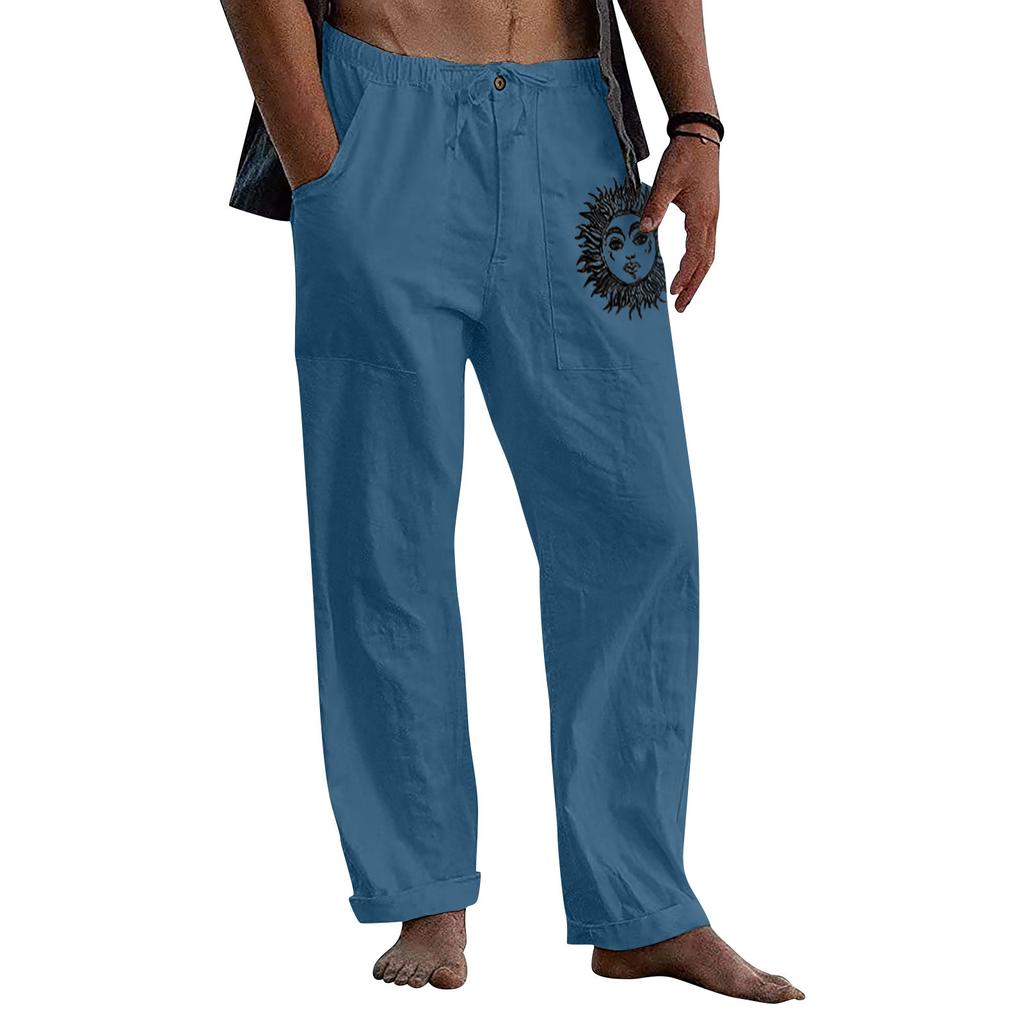 Men's Casual Loose And Comfortable Casual Pants Cotton Linen Printed Drawstring Trousers