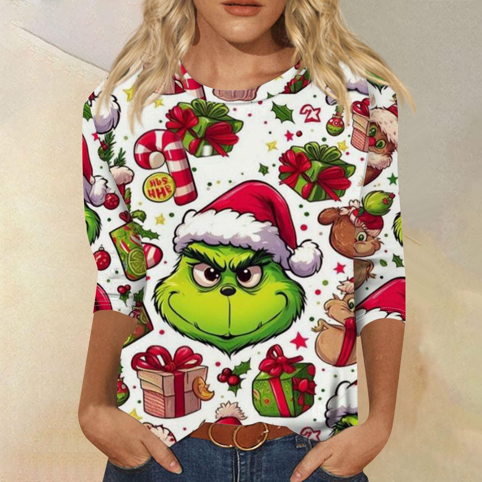 

Женская мода повседневная рубашка с круглым вырезом и рождественским принтом, семь рукавов XXXXXL винный