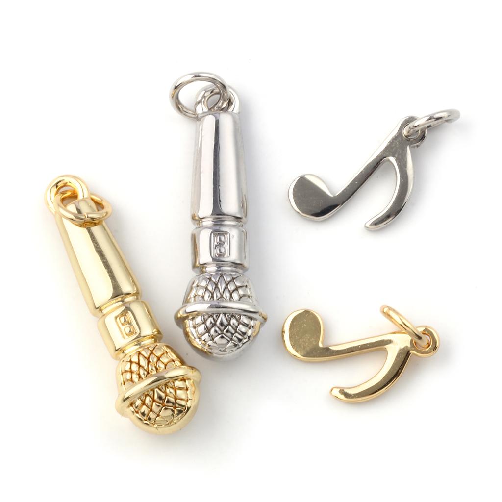 2 Pcs Brass Music Charms Gold Plated Microphone Musical Note Pendants For DIY Necklace Jewelry Making Findings