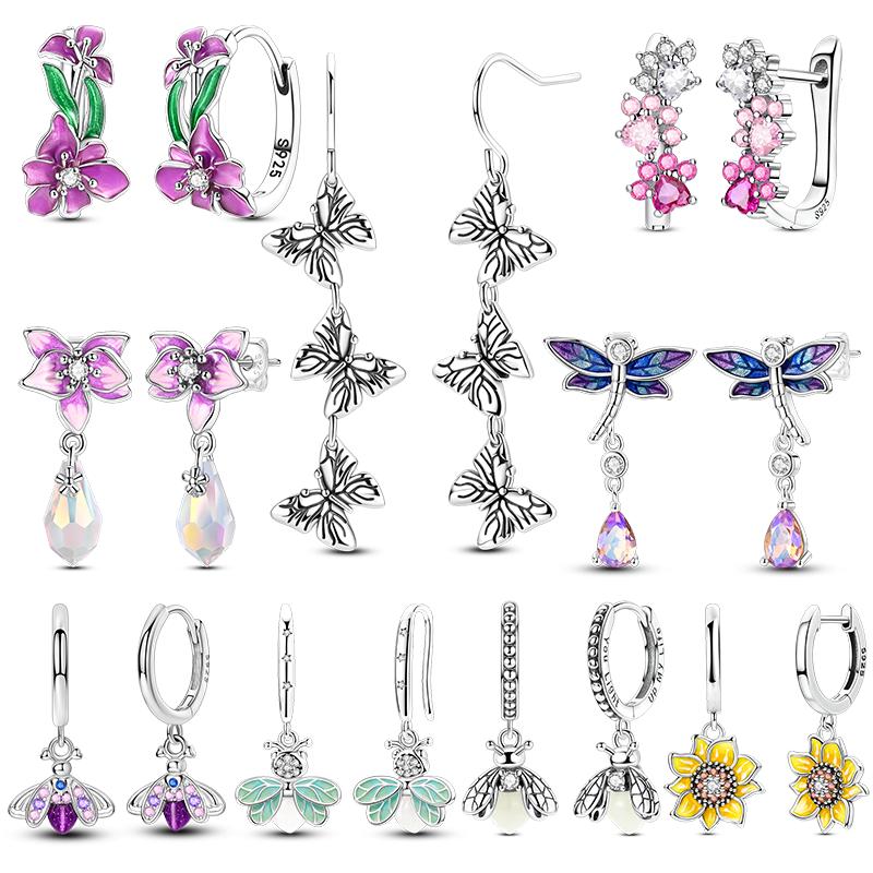 New 925 Silver Earrings Butterfly Sunflower Luminous Firefly Iris Hoop Earring For Women Making Jewelry Gift