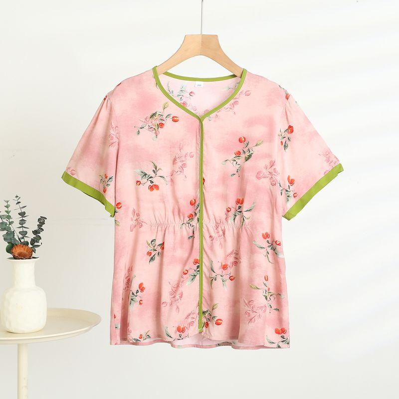 

Middle-aged Women Dress V-neck Short sleeve Top Women Summer Thin Bourette Shirt Can Be Worn outside Loose Artificial Cotton Floral Base Cherry 5XL((Recommendation 72.50 kg-82.50 kg)