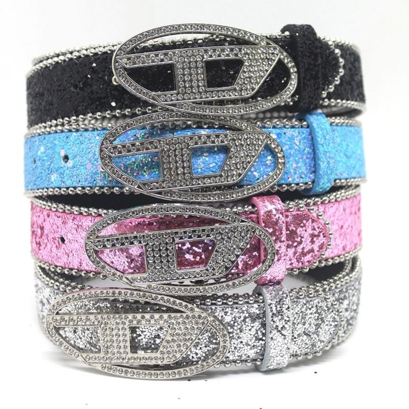 Shinning PU Belt with Rhinestones Buckle Woman Girl Decorative Belt for Skirt
