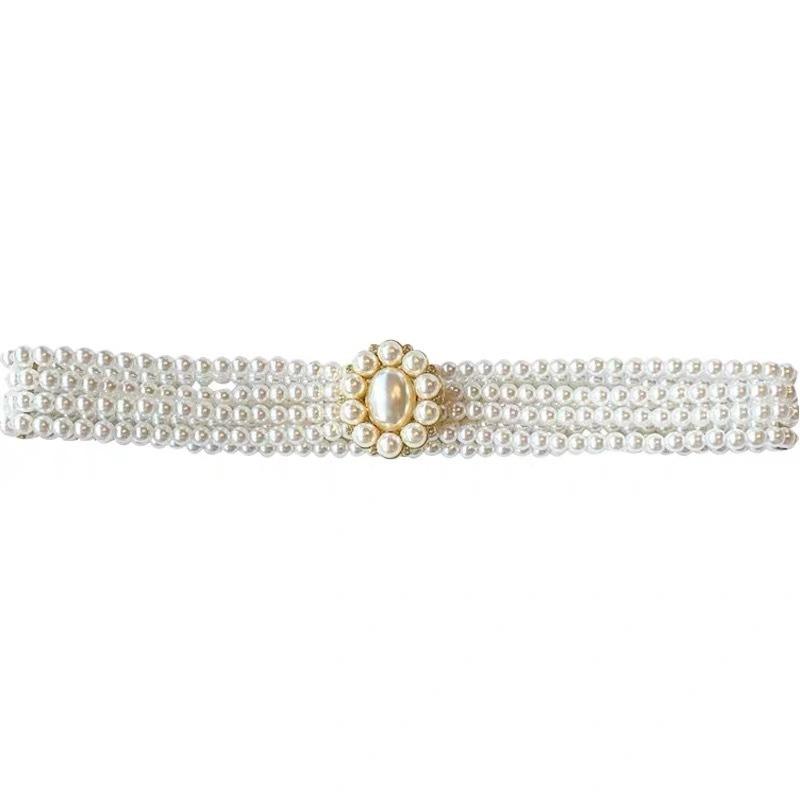 Pearl Waist Chain Ladies Belt Fashion Dress Decorative Rhinestone Elastic Beaded Elastic Waist Seal