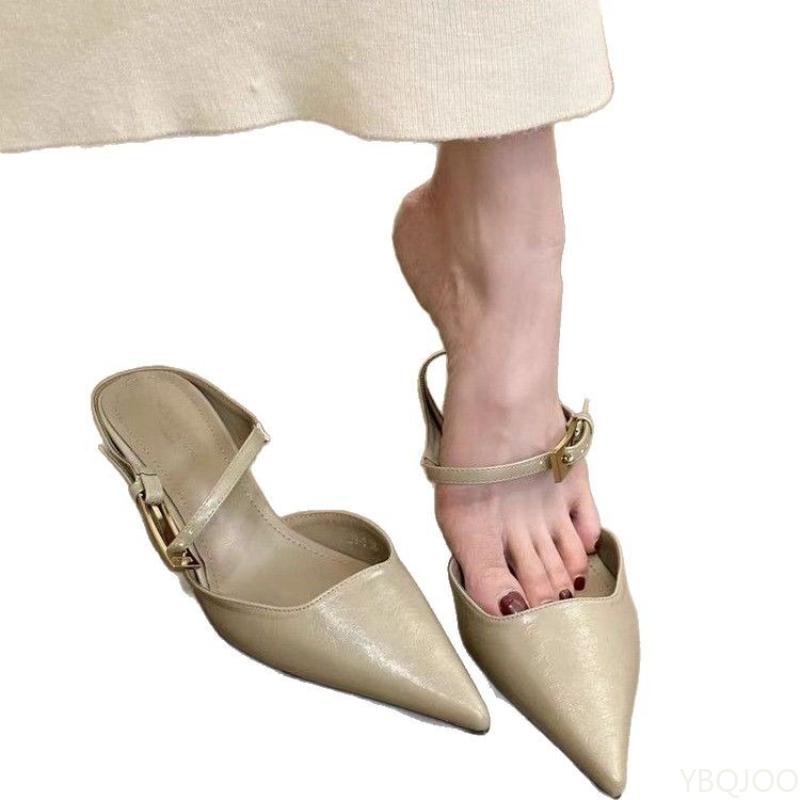 Fashion Summer New Women Fashionable Thin Heel Pointed Middle Heel Small Cap Half Slippers for Wearing Simple Versatile Women's Shoes