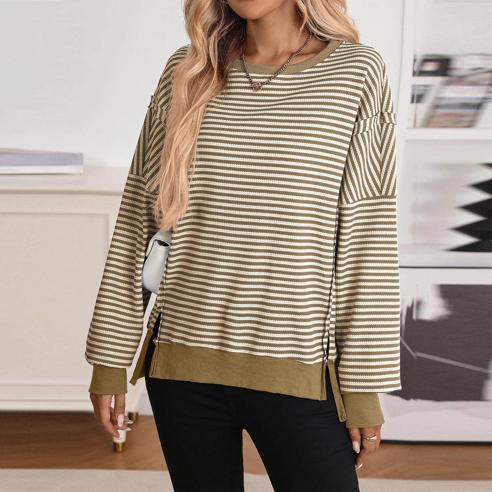 

Женский лонгслив с круглым вырезом, в полоску, универсальный, повседневный, свободный XXL хаки