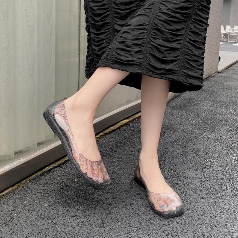 Fashion Leisure Jelly Shoes Woman Summer Flat Sandals Soft PVC Bling Transparent Color Square Toe Female Home Street Flats Big Size 42
