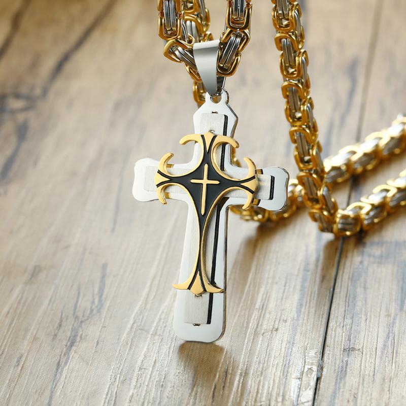 Beautiful And Exquisite Toys Men's Gold Vnox Cross Necklace For Byzantine Color Stainless Steel Chain Catholic Crucifix Pendant Punk Rock Ornats