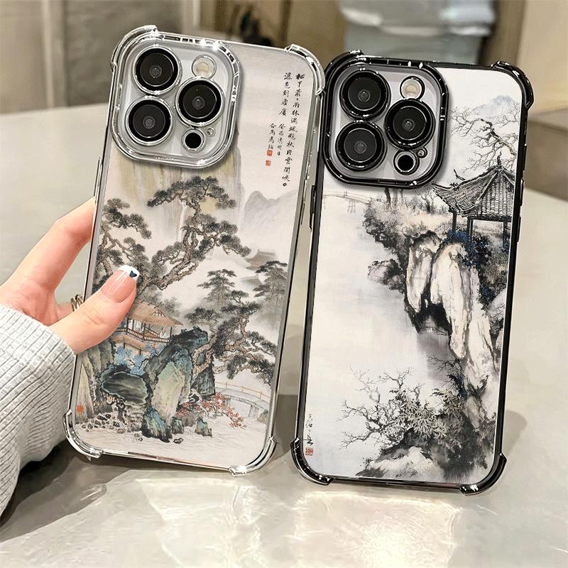 Chinese Style Ink Painting Art Soft Phone Case For iPhone 15 16 17 Air 14 Pro Max 16E Plus 13 12 Mini Plating Anti-Fall Fundas
