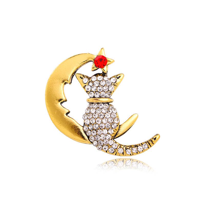

Cat on the Moon, brooch, cute European and American style cat, high-end suit accessories made of rhinestone alloy