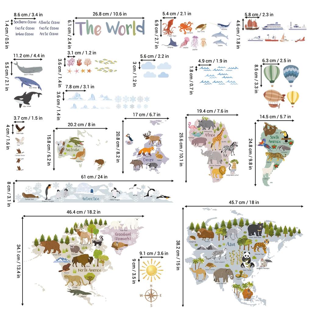 Decowall World Wall Sticker with 105 X 83 Educational Interior Wall Perfect for Baby and Peel and Stick Wall Decals Animals, Large, Cm, Decoration,