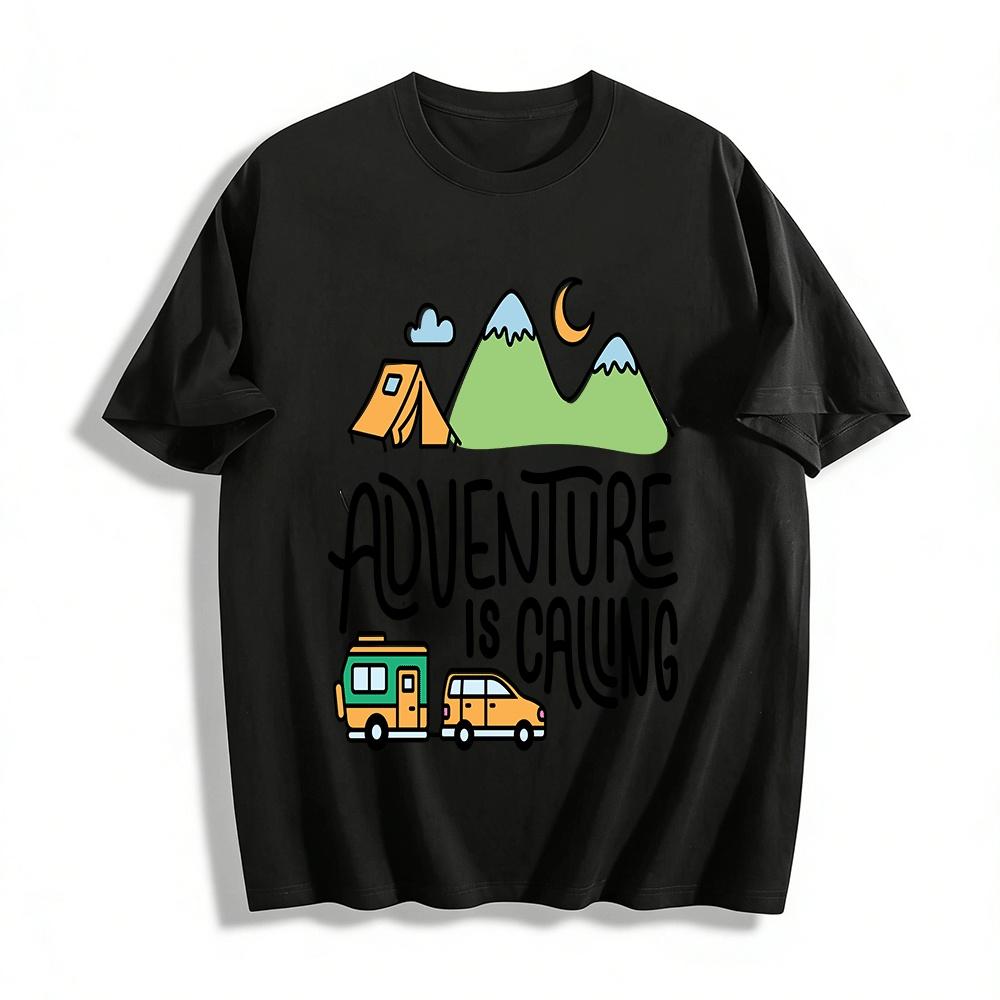 Adventure Is Calling Camping Print Tee Mountain RV Tent Graphic Top Pure cotton T-shirt XXS