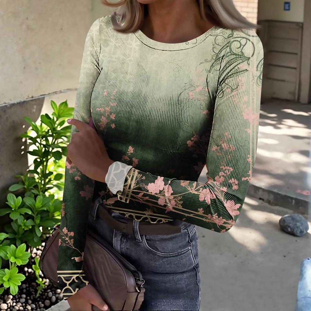 Women's  Slim Bottom T-shirt Fashion Casual Gradient Printing Round Neck Pullover Long Sleeve Top