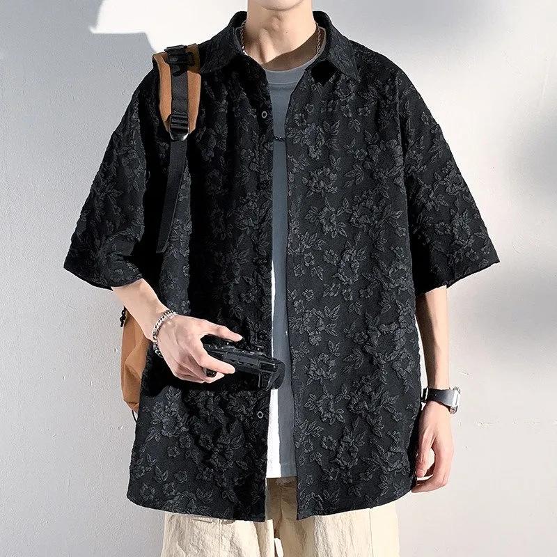 Fashionable Japanese High-end Jacquard Black Shirt Men's Short-sleeved Loose American Retro Button Cardigan Top