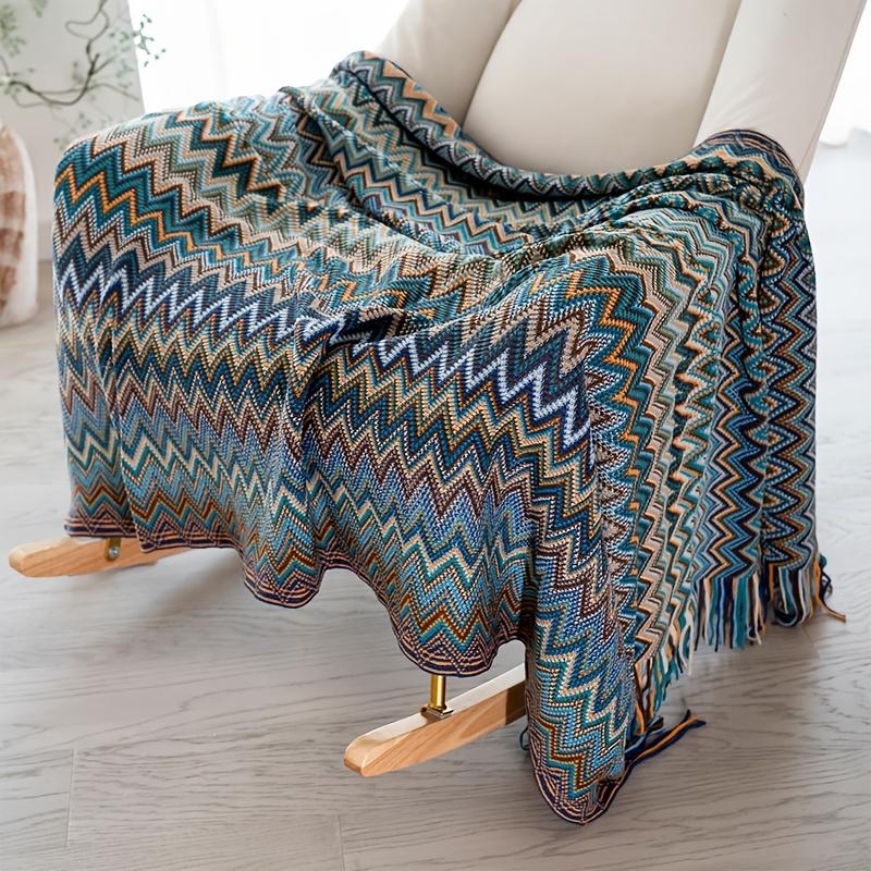 1pc Bohemian Throw Blanket with Fringe Striped Geometric Pattern in Blue Green Brown Beige All Season Multi for Sofa Bed Car синий