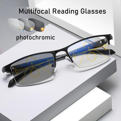 Business Half Frame Progressive Multifocal Reading Glasses Trendy Near Far Presbyopia Vintage Pochromic Eyewear +1.0 To +4.0