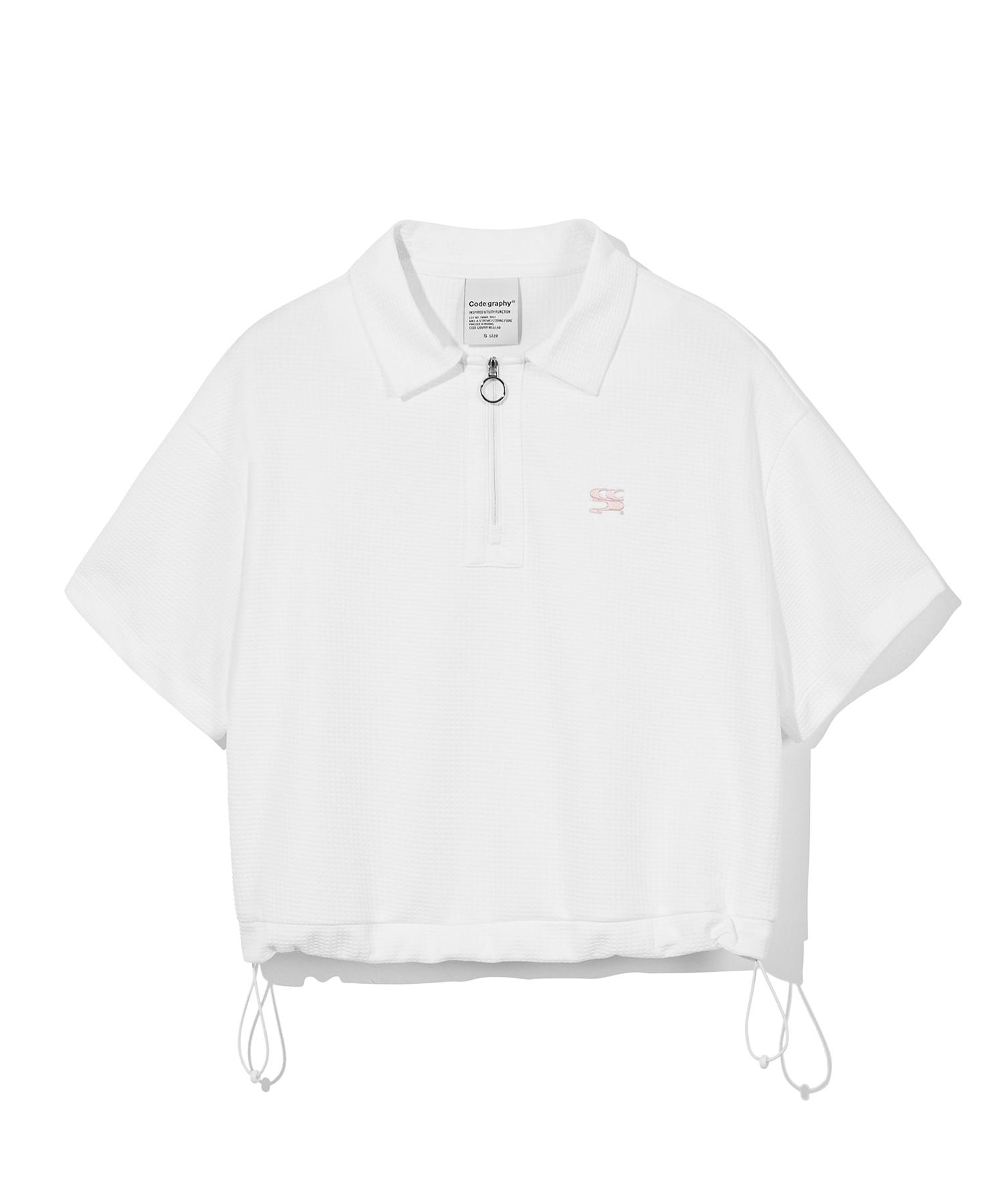 (Women S) Zip-Up Collared Short Sleeve T-Shirt_White M/Free