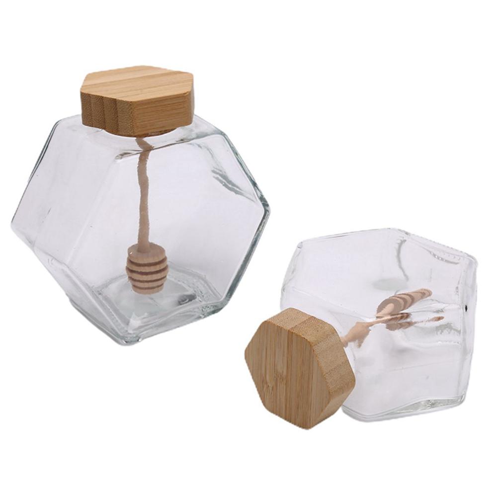 Home Glass with Wooden Dipper Cork Lid Honey Jar Dispenser Storage Container Honey Pot
