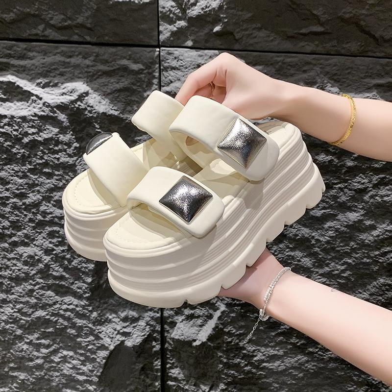 Fashion 8CM New Platform Slippers Women Summer Anti-slip High Heels Leather Chunky Sandals Casual Peep Toe Flip-flops Beach Wedge Shoes