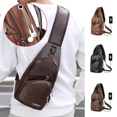 Crossbody Bags Men's Fashion PU Leather Shoulder Bags Casual Sling Chest Bags Backpacks for Travel Hiking School with USB Charging Port