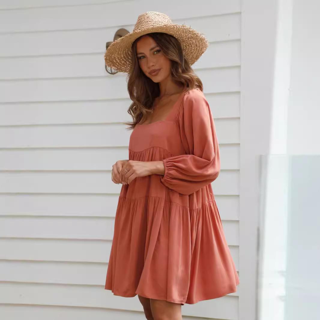 

Женское платье с квадратным вырезом, длинными рукавами-фонариками, свободное, многоярусное S оранжевый