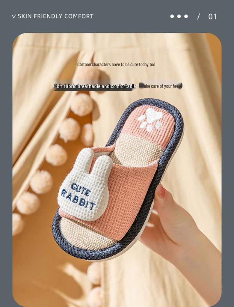 Children's Cute Cartoon Non-slip Linen Slippers - Spring Autumn Indoor Home for Boys & Girls, Parent-Child Four Seasons Wear