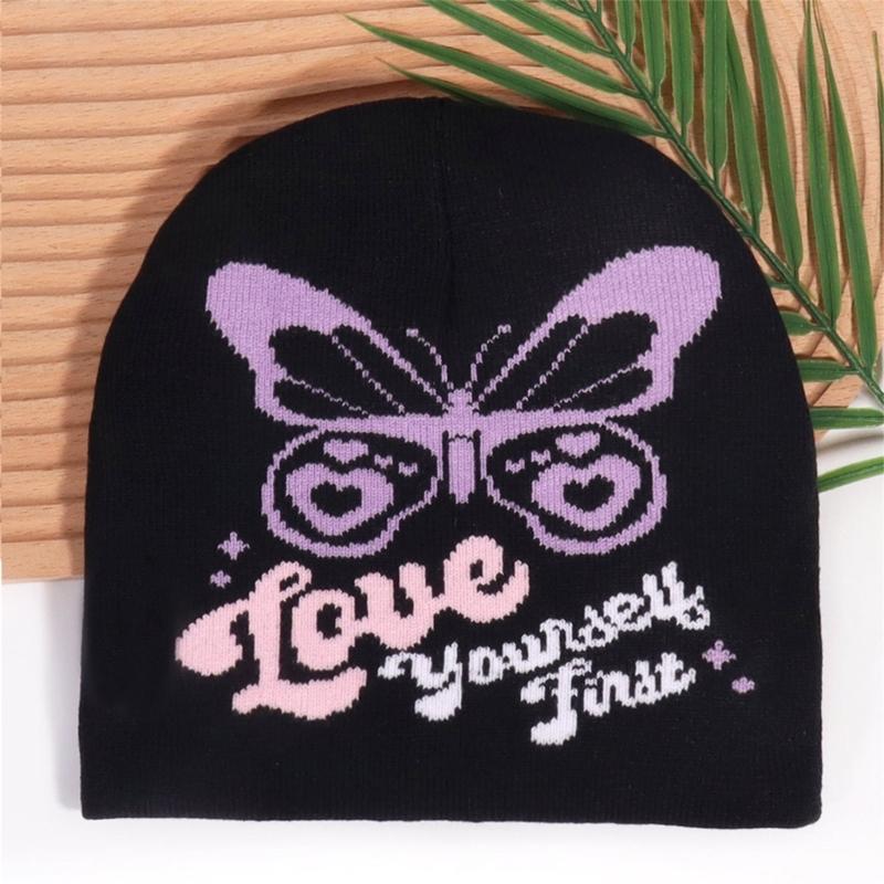 2000s Butterfly Pattern Knitted Hat Streetwear Design Breathable Acrylic Fibre Hat For Outdoor Music Festival Daily Use