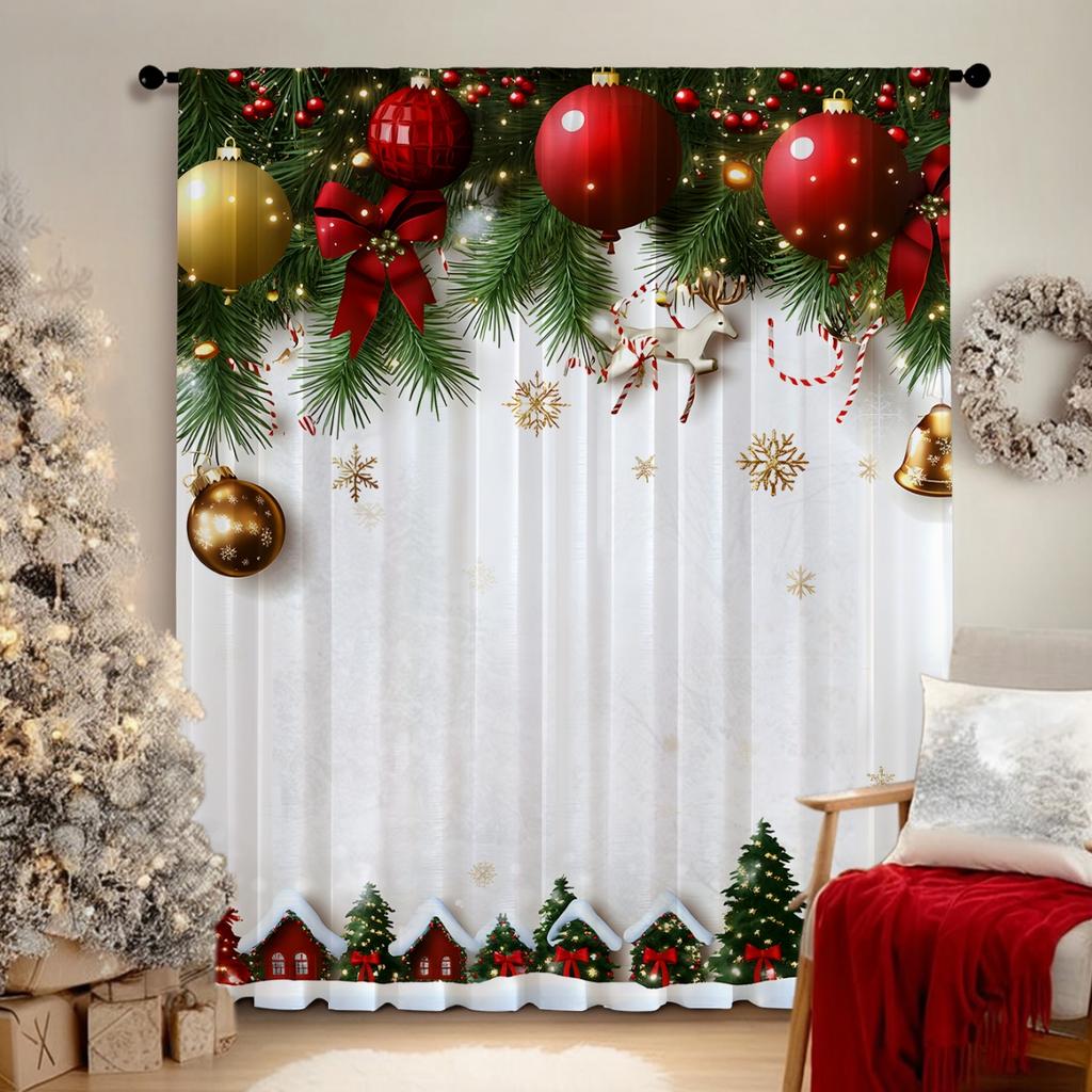 Single Panel Holiday Christmas Ball Theme Printed Curtain Digital Polyester Suitable Living Room Bedroom Kitchen Decoration With Rod Pocket Ideal For