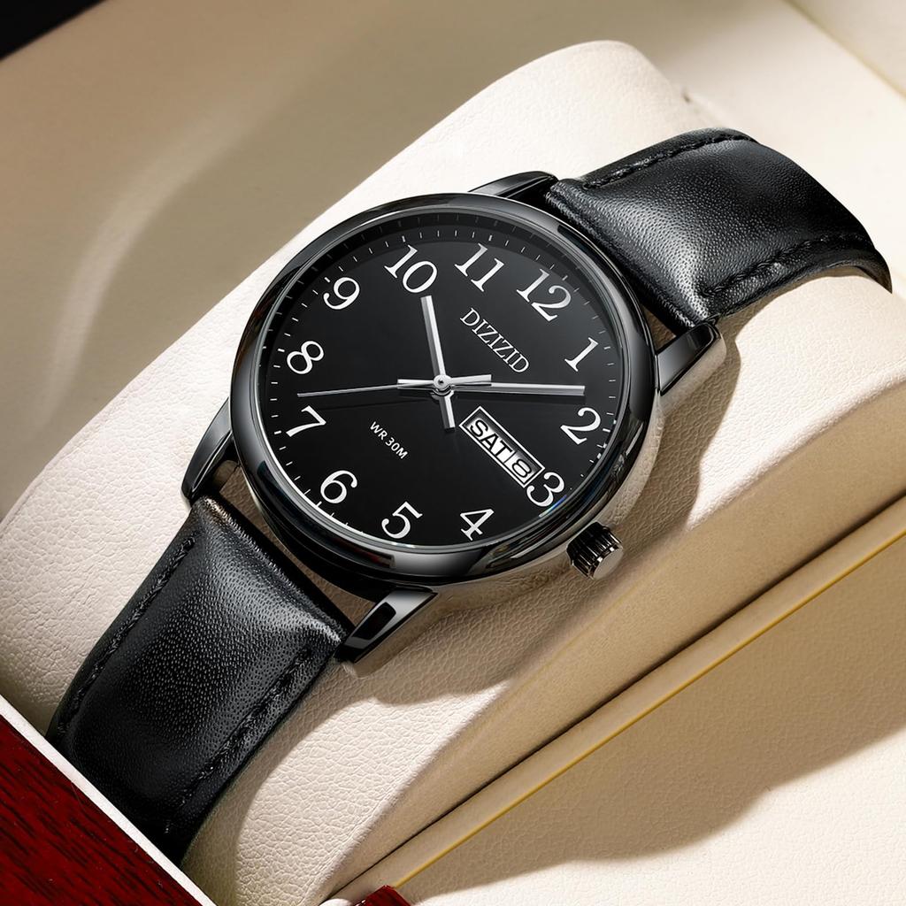 DIZIZID Men's Analog Waterproof Watch with Leather Strap, Simple, Popular, Stylish, Business, Classic Design, Slim Dial with Date and Day Display,
