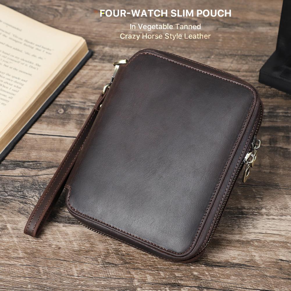 CONTACTS FAMILY Genuine Leather Watch Case Bag Watch Holder Vintage Zipper Travel Watch Display 2/4/6/8 Slot Storage Box Case Pouch