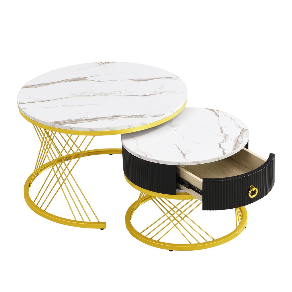 Elegant Assemblable Coffee Table: Marble Look, Gold Decor, Side Table with Drawers – Set of 2