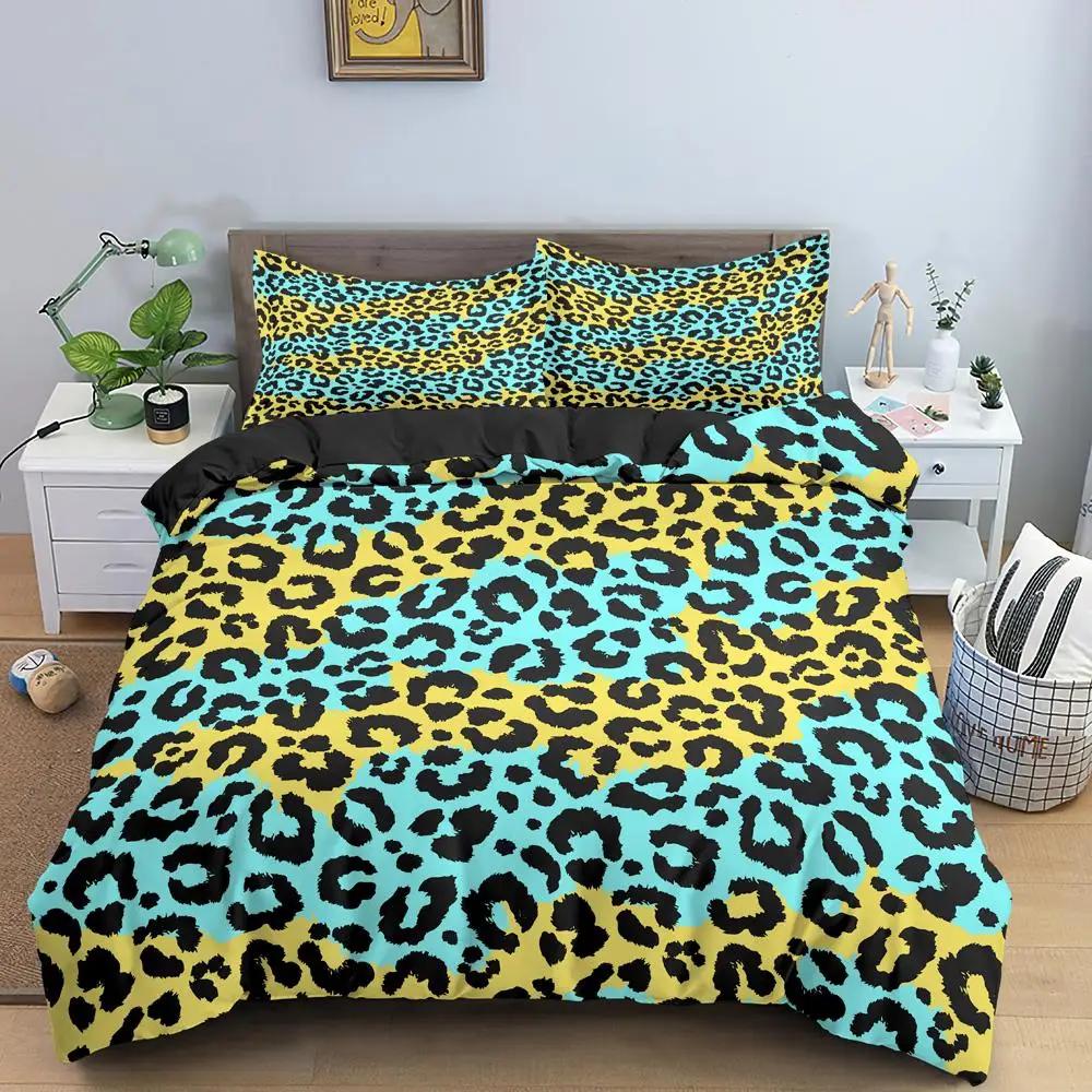Leopard Print Duvet Cover Set Rainbow Leopard 3D Print King Queen Size Comforter Cover for Kid Girls Gifts Polyester Quilt Cover