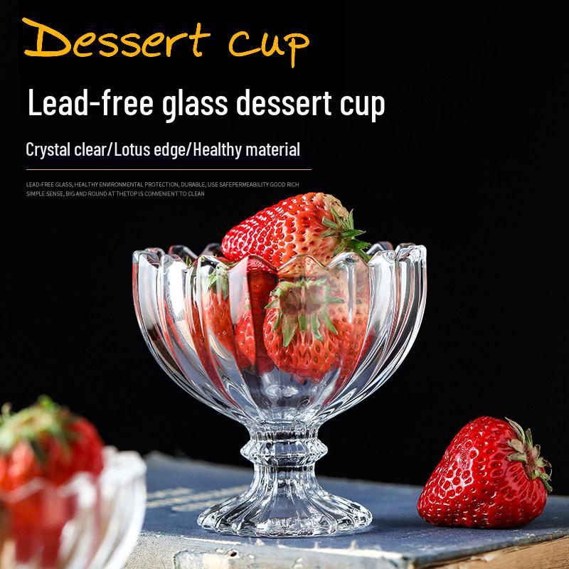 European Stripe Tall Stem Glass Dessert Bowl for Ice Cream, Yogurt, Pudding, and Fruit