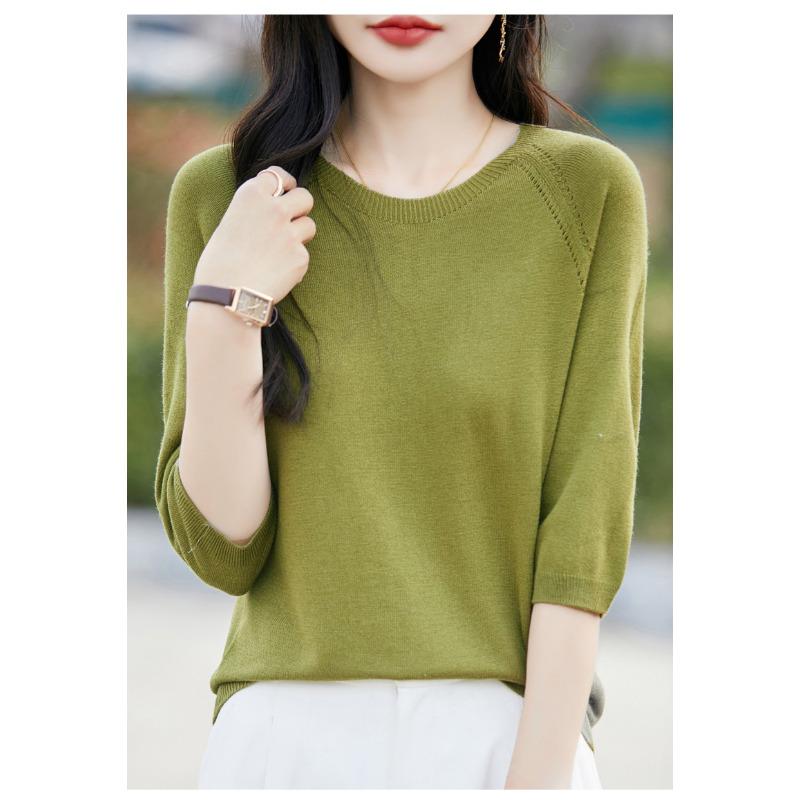 Summer Women's Clothing Crew Neck Knitted Sweater Short-sleeved Five-quarter-sleeved Top